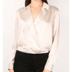 MSRP $348 BROCHU WALKER 100% Silk‎ Blouse Textured Collar Champagne Ivory Small